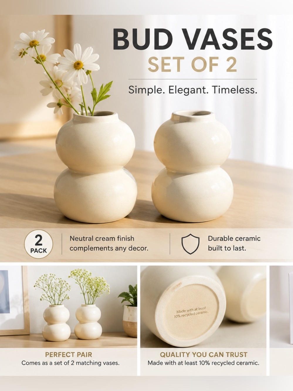 Room Essentials Neutral Cream Double-Gourd Bud Vases - Set of 2